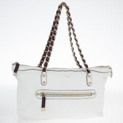 Pre Owned Gucci White Leather Signature Web Chain Tote 