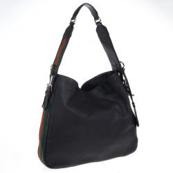 مملوكة مسبقًا Gucci Black Leather Gucci Heritage Web Striped Hobo