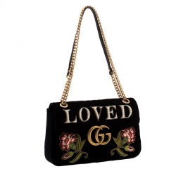 Pre Owned حقيبة كتف غوتشي مارمونت GG مطرزة صغيرة قطيفة سوداء
