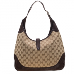 Pre Owned حقيبة غوتشي ويب جاكي ويب سويدي وكانفاس GG بنية