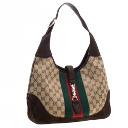 Pre Owned حقيبة غوتشي ويب جاكي ويب سويدي وكانفاس GG بنية