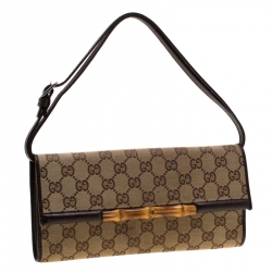 Pre Owned Gucci Beige GG Canvas Bamboo Clutch