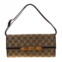 Pre Owned Gucci Beige GG Canvas Bamboo Clutch
