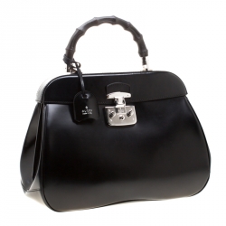 Pre Owned Gucci Black Patent Leather Lady Lock Bamboo Top Handle Bag
