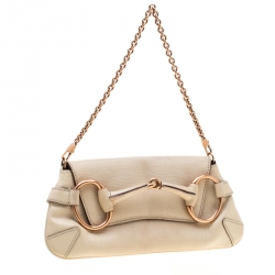 Pre Owned Gucci Cream Textured Leather Horsebit Chain Clutch