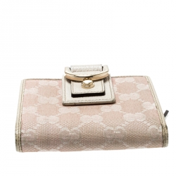 Gucci Pink/Off White GG Canvas and Leather D Ring Compact Wallet
