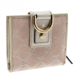 Gucci Pink/Off White GG Canvas and Leather D Ring Compact Wallet