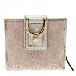 Gucci Pink/Off White GG Canvas and Leather D Ring Compact Wallet