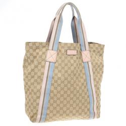 Pre Owned Gucci Beige GG Canvas Pink Web Tote Bag
