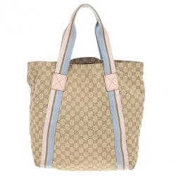Pre Owned Gucci Beige GG Canvas Pink Web Tote Bag