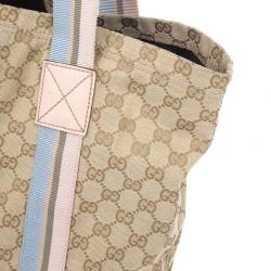 Pre Owned Gucci Beige GG Canvas Pink Web Tote Bag