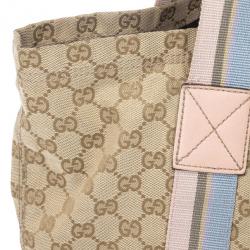 Pre Owned Gucci Beige GG Canvas Pink Web Tote Bag