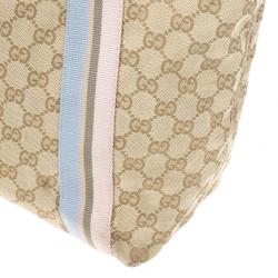 Pre Owned Gucci Beige GG Canvas Pink Web Tote Bag