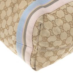 Pre Owned Gucci Beige GG Canvas Pink Web Tote Bag