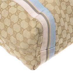 Pre Owned Gucci Beige GG Canvas Pink Web Tote Bag