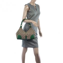 Pre Owned Gucci Canvas Monogram Bardot Green Bag