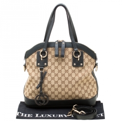 Pre Owned Gucci Beige/Green GG Canvas and Leather Charm Dome Satchel