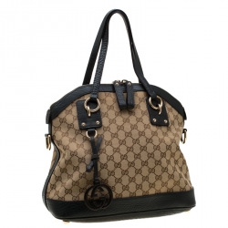 Pre Owned Gucci Beige/Green GG Canvas and Leather Charm Dome Satchel