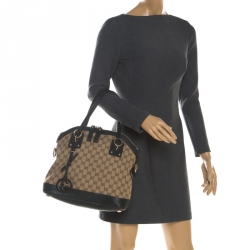 Pre Owned Gucci Beige/Green GG Canvas and Leather Charm Dome Satchel