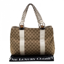 مملوكة مسبقًا حقيبة يد غوتشي بامبو بار متوسطة كانفاس GG بيج/ بيضاء