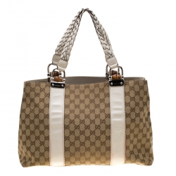 مملوكة مسبقًا حقيبة يد غوتشي بامبو بار متوسطة كانفاس GG بيج/ بيضاء