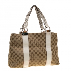 مملوكة مسبقًا حقيبة يد غوتشي بامبو بار متوسطة كانفاس GG بيج/ بيضاء