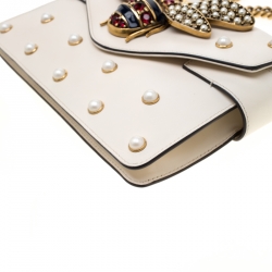 Pre Owned Gucci Off White Leather Broadway Pearly Bee Shoulder Bag