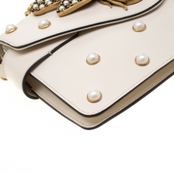 Pre Owned Gucci Off White Leather Broadway Pearly Bee Shoulder Bag