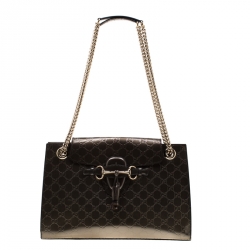 Pre Owned Gucci Olive Green Guccissima Patent Leather Large Emily Chain Shoulder Bag