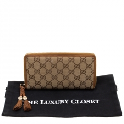 Gucci Beige/Brown GG Canvas and Leather Tassel Zip Around Wallet