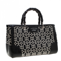 Pre Owned Gucci Black/White Leather Bamboo Top Handle Shopper Tote