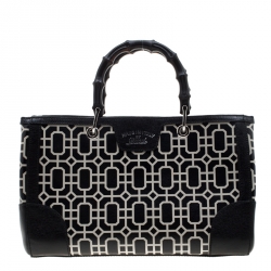 Pre Owned Gucci Black/White Leather Bamboo Top Handle Shopper Tote