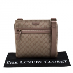 Pre Owned Gucci Beige Monogram Canvas and Leather GG Supreme Flat Messenger Bag