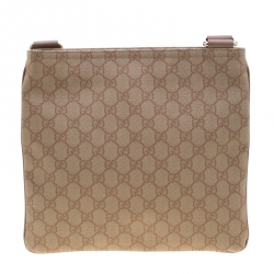 Pre Owned Gucci Beige Monogram Canvas and Leather GG Supreme Flat Messenger Bag
