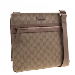 Pre Owned Gucci Beige Monogram Canvas and Leather GG Supreme Flat Messenger Bag