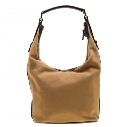 Pre Owned Gucci Light Yellow Fabric And Leather Web Stripe Hobo