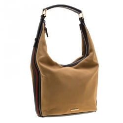 Pre Owned Gucci Light Yellow Fabric And Leather Web Stripe Hobo