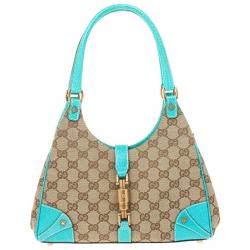 Pre Owned Gucci Beige GG Canvas and Turquoise Leather Bardot Bag 