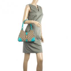 Pre Owned Gucci Beige GG Canvas and Turquoise Leather Bardot Bag 