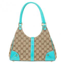 Pre Owned Gucci Beige GG Canvas and Turquoise Leather Bardot Bag 