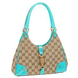 Pre Owned Gucci Beige GG Canvas and Turquoise Leather Bardot Bag 