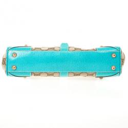 Pre Owned Gucci Beige GG Canvas and Turquoise Leather Bardot Bag 