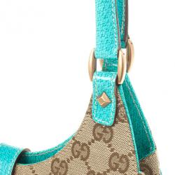 Pre Owned Gucci Beige GG Canvas and Turquoise Leather Bardot Bag 