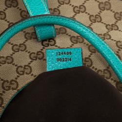 Pre Owned Gucci Beige GG Canvas and Turquoise Leather Bardot Bag 
