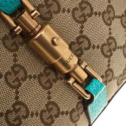 Pre Owned Gucci Beige GG Canvas and Turquoise Leather Bardot Bag 