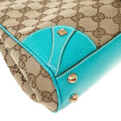 Pre Owned Gucci Beige GG Canvas and Turquoise Leather Bardot Bag 