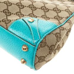 Pre Owned Gucci Beige GG Canvas and Turquoise Leather Bardot Bag 