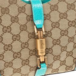 Pre Owned Gucci Beige GG Canvas and Turquoise Leather Bardot Bag 