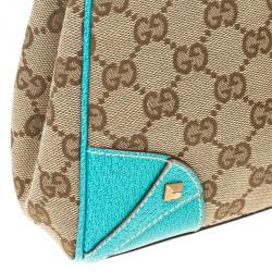 Pre Owned Gucci Beige GG Canvas and Turquoise Leather Bardot Bag 