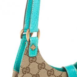 Pre Owned Gucci Beige GG Canvas and Turquoise Leather Bardot Bag 